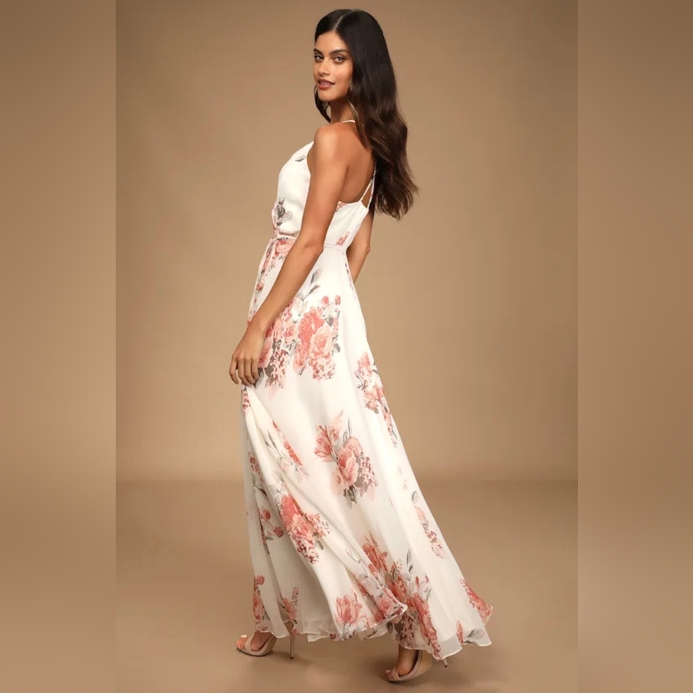 Lulus Elegantly Inclined Cream Floral Print Wrap Maxi Dress White - Size M - Picture 2 of 7